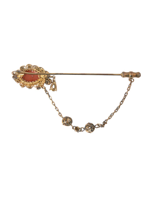 Dolce & Gabbana Gold Brass Crystal Chain 925 Sterling Silver Pin Brooch - ClickThatClicks 
