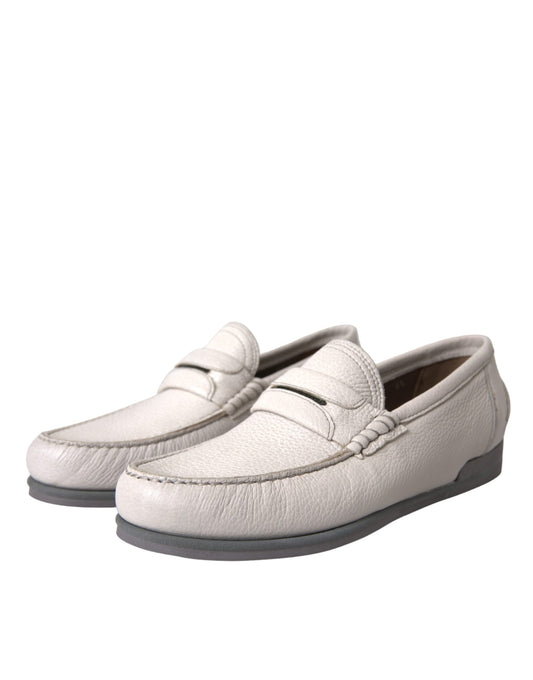 Dolce & Gabbana White Gray Leather Slip Mocassin Shoes Loafer - ClickThatClicks 