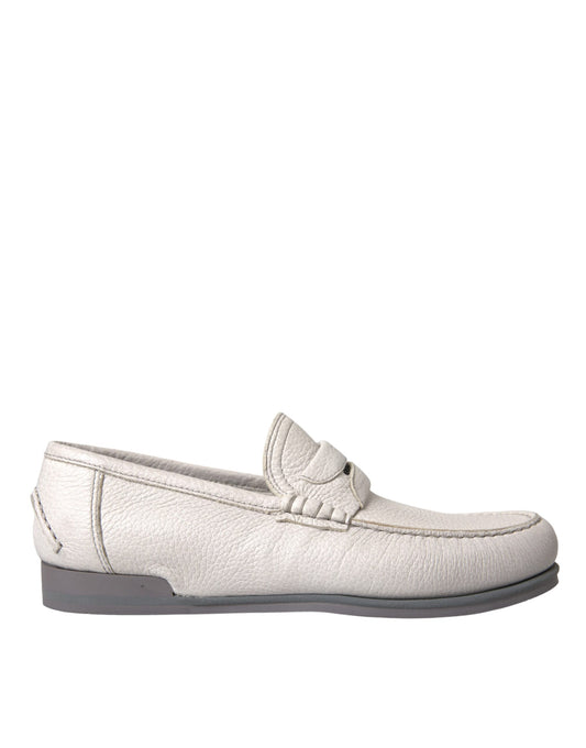 Dolce & Gabbana White Gray Leather Slip Mocassin Shoes Loafer - ClickThatClicks 