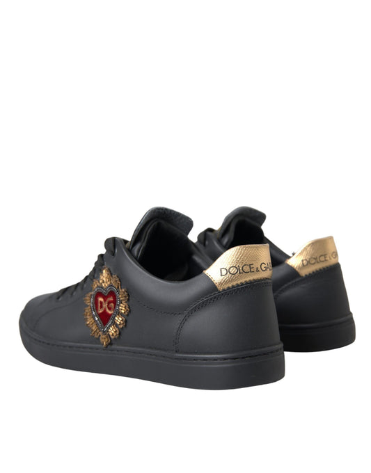 Dolce & Gabbana Black Leather Heart Embellished Sneakers Shoes - ClickThatClicks 