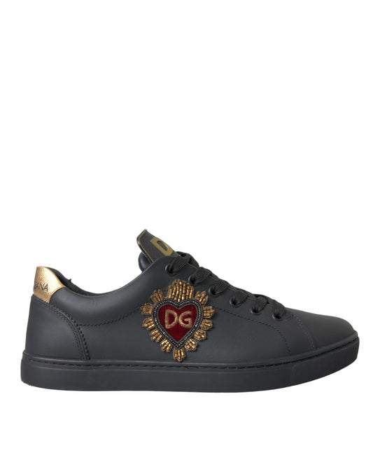 Dolce & Gabbana Black Leather Heart Embellished Sneakers Shoes - ClickThatClicks 