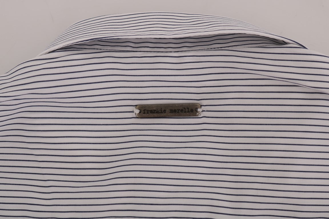 Frankie Morello White Blue Striped Casual Cotton Regular Fit Shirt - ClickThatClicks 