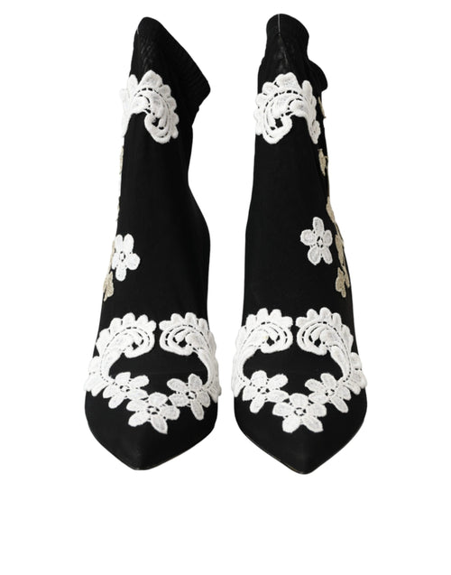 Dolce & Gabbana Black White Embroidery Slip On Boots Shoes - ClickThatClicks 