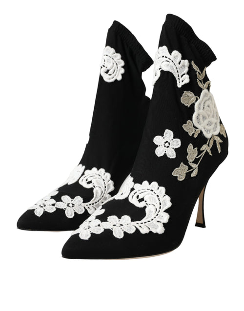 Dolce & Gabbana Black White Embroidery Slip On Boots Shoes - ClickThatClicks 
