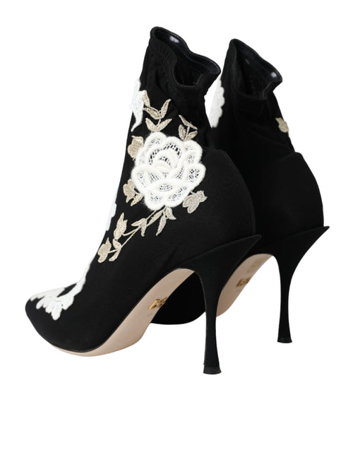 Dolce & Gabbana Black White Embroidery Slip On Boots Shoes - ClickThatClicks 