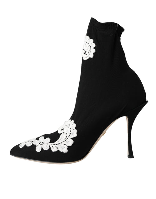 Dolce & Gabbana Black White Embroidery Slip On Boots Shoes - ClickThatClicks 