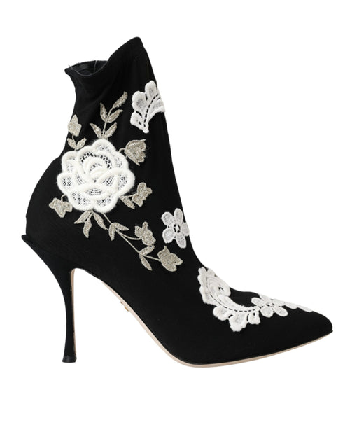 Dolce & Gabbana Black White Embroidery Slip On Boots Shoes - ClickThatClicks 