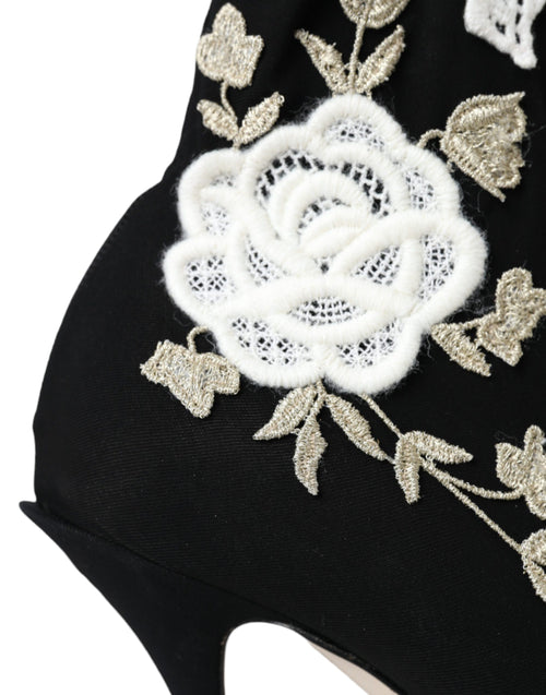 Dolce & Gabbana Black White Embroidery Slip On Boots Shoes - ClickThatClicks 