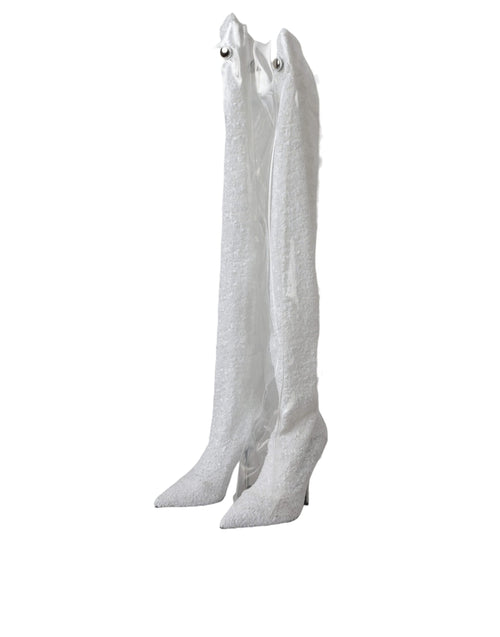 Dolce & Gabbana White Heels Stiletto Knee High Boots Shoes - ClickThatClicks 