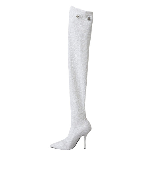 Dolce & Gabbana White Heels Stiletto Knee High Boots Shoes - ClickThatClicks 