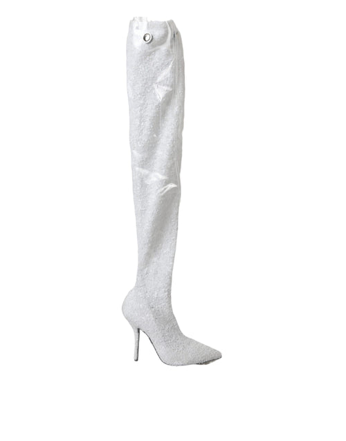Dolce & Gabbana White Heels Stiletto Knee High Boots Shoes - ClickThatClicks 