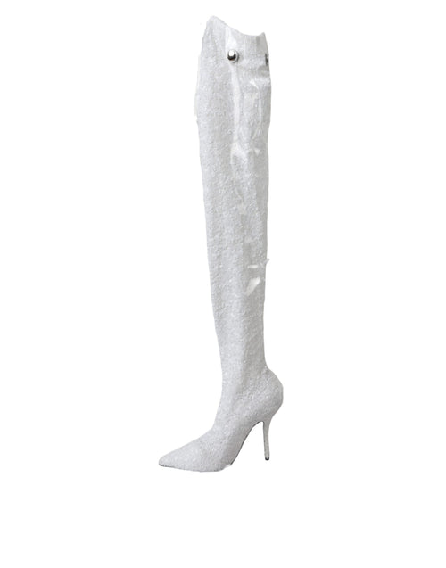 Dolce & Gabbana White Heels Stiletto Knee High Boots Shoes - ClickThatClicks 