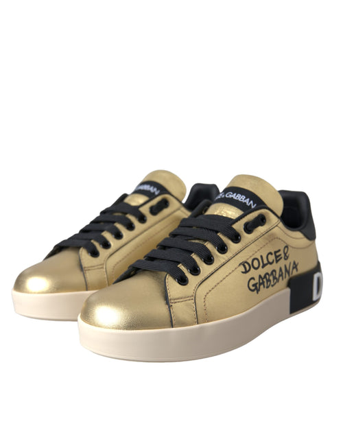 Dolce & Gabbana Gold Portofino Calf Leather Sneakers Women Shoes - ClickThatClicks 