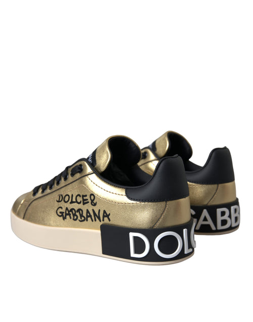 Dolce & Gabbana Gold Portofino Calf Leather Sneakers Women Shoes - ClickThatClicks 