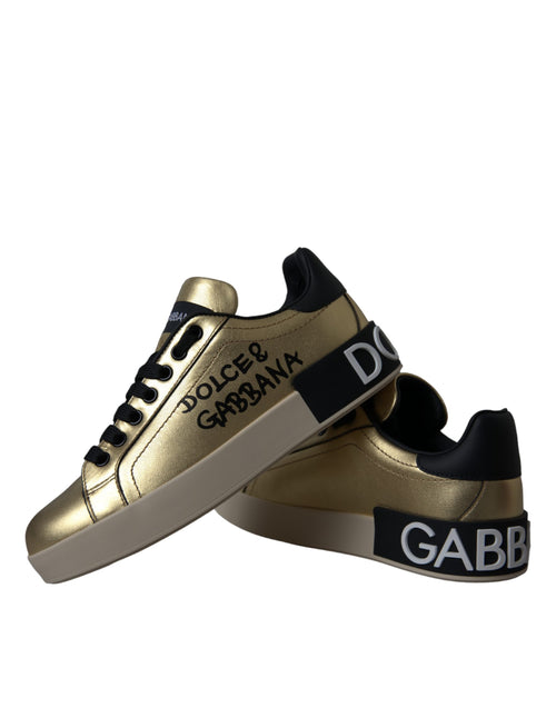 Dolce & Gabbana Gold Portofino Calf Leather Sneakers Women Shoes - ClickThatClicks 