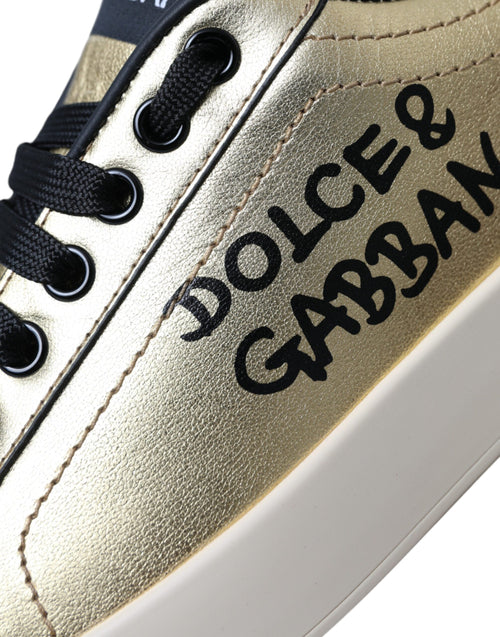 Dolce & Gabbana Gold Portofino Calf Leather Sneakers Women Shoes - ClickThatClicks 