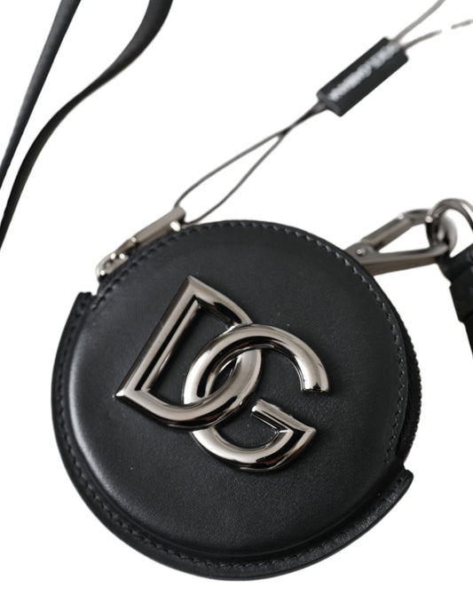 Dolce & Gabbana Black Round Leather DG Logo Coin Purse Lanyard Wallet - ClickThatClicks 