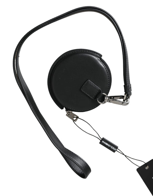 Dolce & Gabbana Black Round Leather DG Logo Coin Purse Lanyard Wallet - ClickThatClicks 