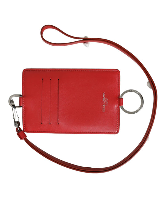 Dolce & Gabbana Red Calfskin Leather Lanyard Logo Card Holder Wallet - ClickThatClicks 