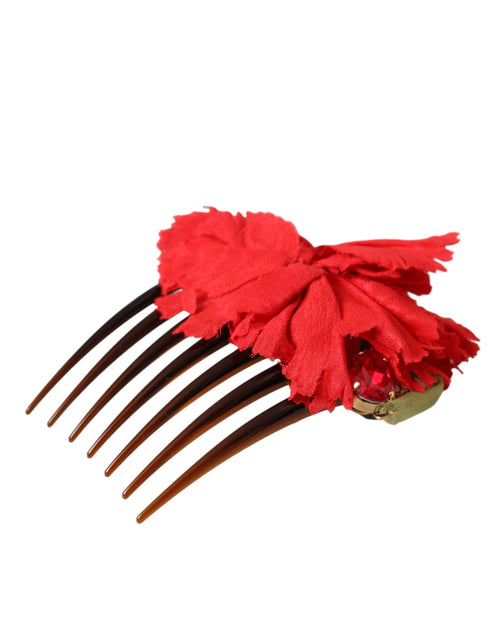 Dolce & Gabbana Red Silk Floral Gold Brass Women Hair Comb - ClickThatClicks 