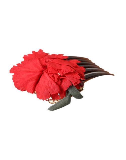 Dolce & Gabbana Red Silk Floral Gold Brass Women Hair Comb - ClickThatClicks 