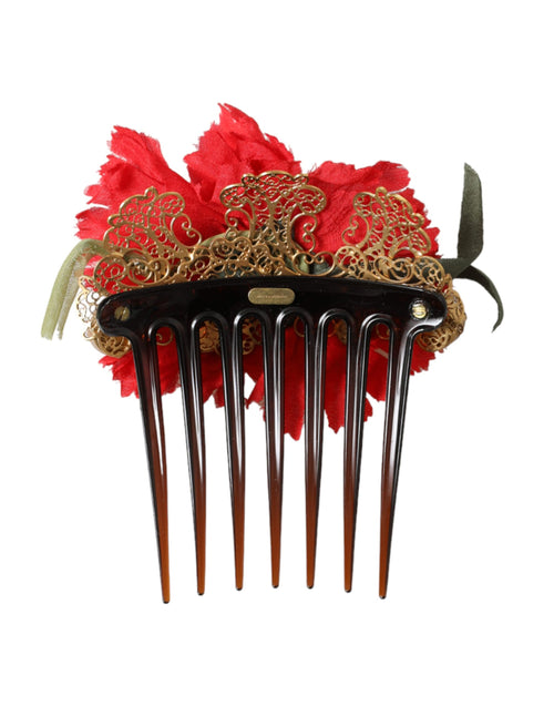 Dolce & Gabbana Red Silk Floral Gold Brass Women Hair Comb - ClickThatClicks 
