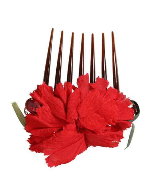Dolce & Gabbana Red Silk Floral Gold Brass Women Hair Comb - ClickThatClicks 