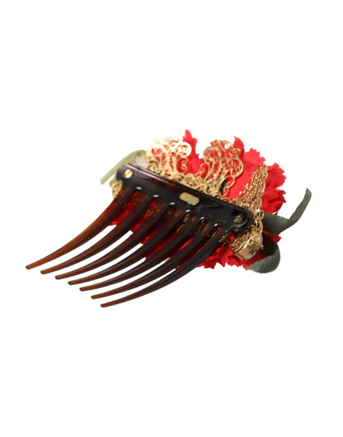 Dolce & Gabbana Red Silk Floral Gold Brass Women Hair Comb - ClickThatClicks 