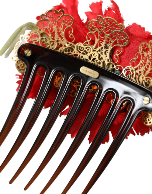 Dolce & Gabbana Red Silk Floral Gold Brass Women Hair Comb - ClickThatClicks 