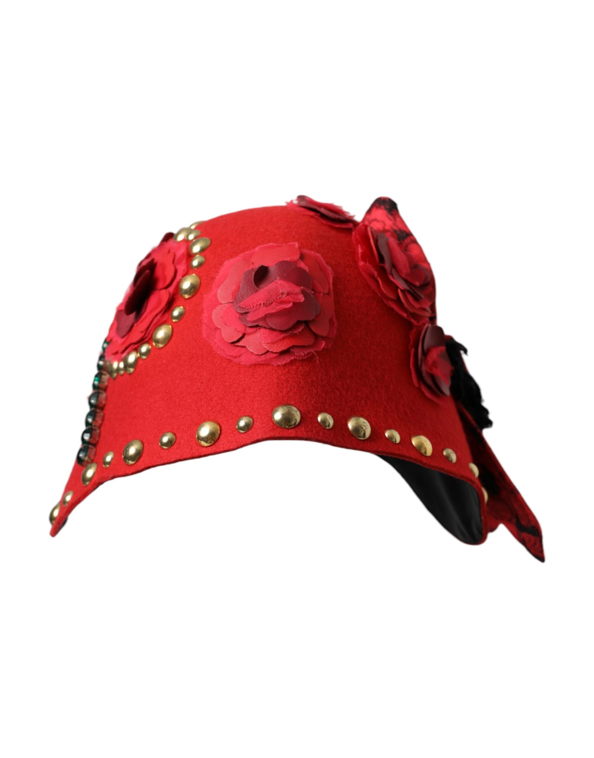 Dolce & Gabbana Red Crystal Gold Roses Brooch Embellished Hat - ClickThatClicks 