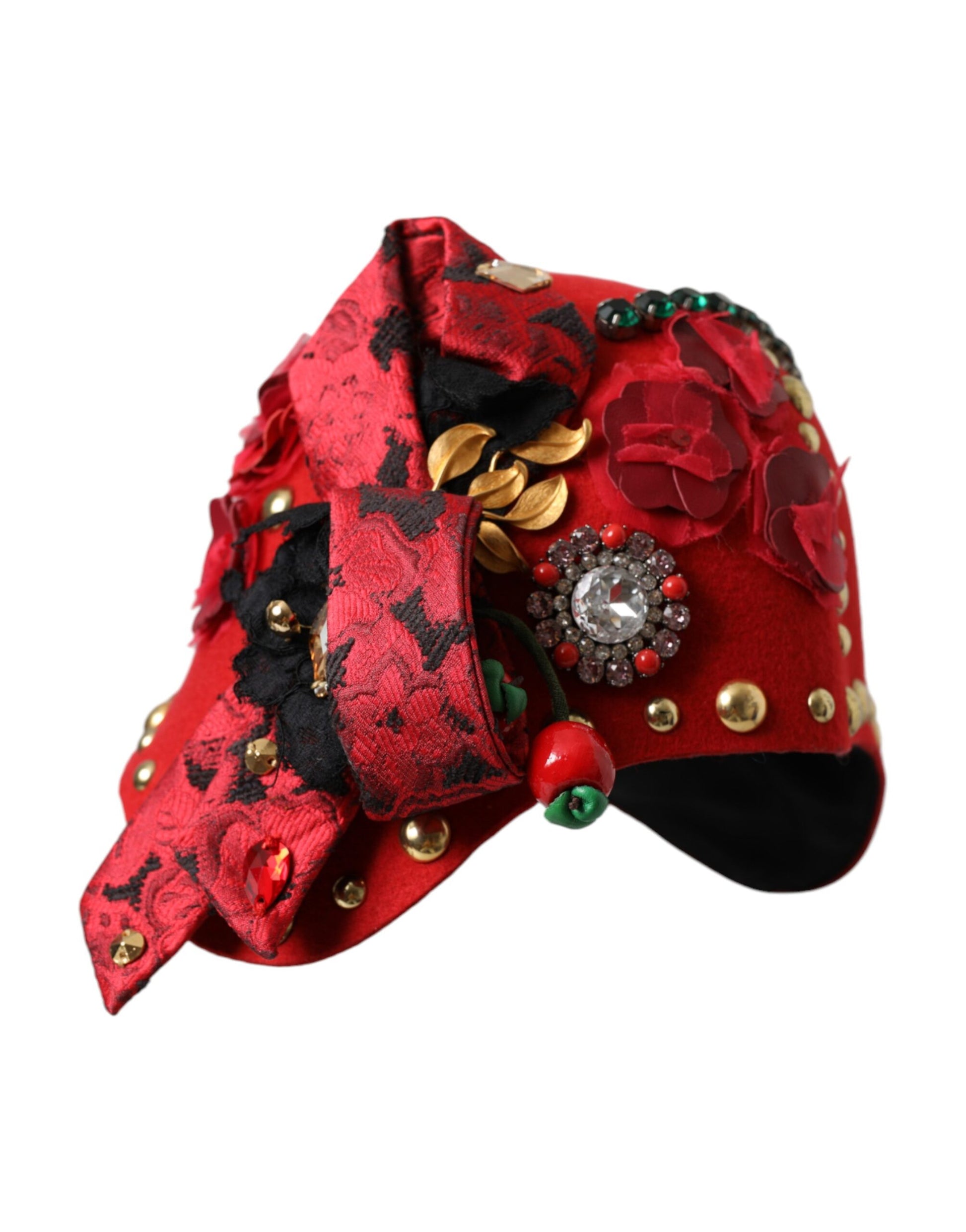Dolce & Gabbana Red Crystal Gold Roses Brooch Embellished Hat - ClickThatClicks 