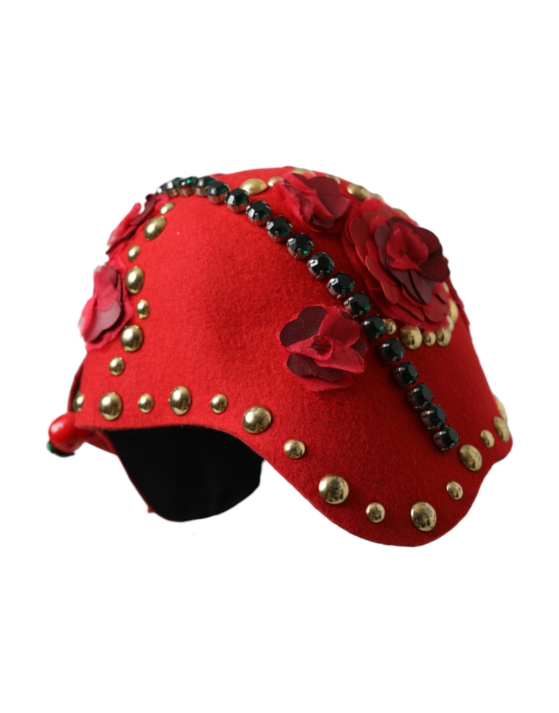 Dolce & Gabbana Red Crystal Gold Roses Brooch Embellished Hat - ClickThatClicks 