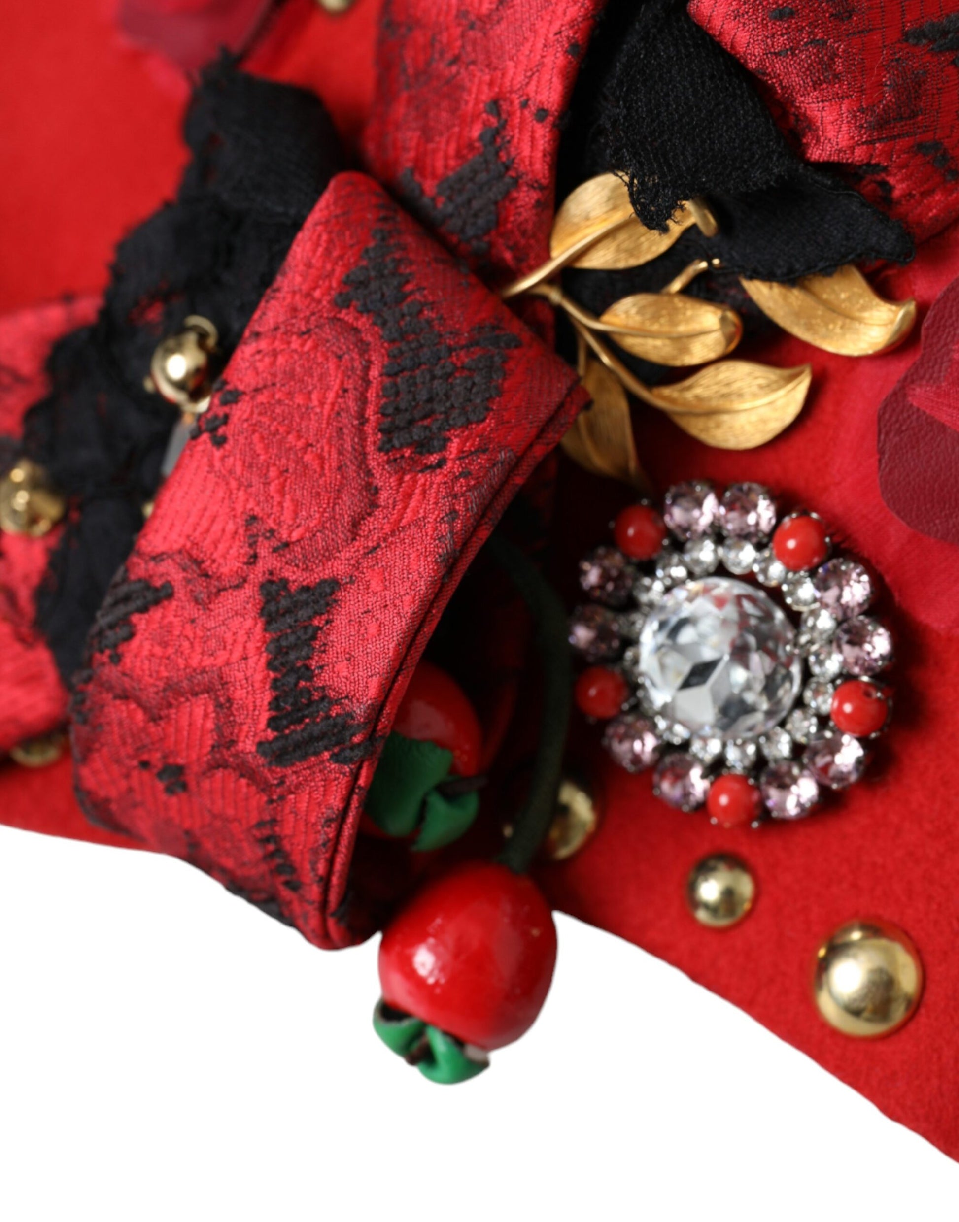 Dolce & Gabbana Red Crystal Gold Roses Brooch Embellished Hat - ClickThatClicks 