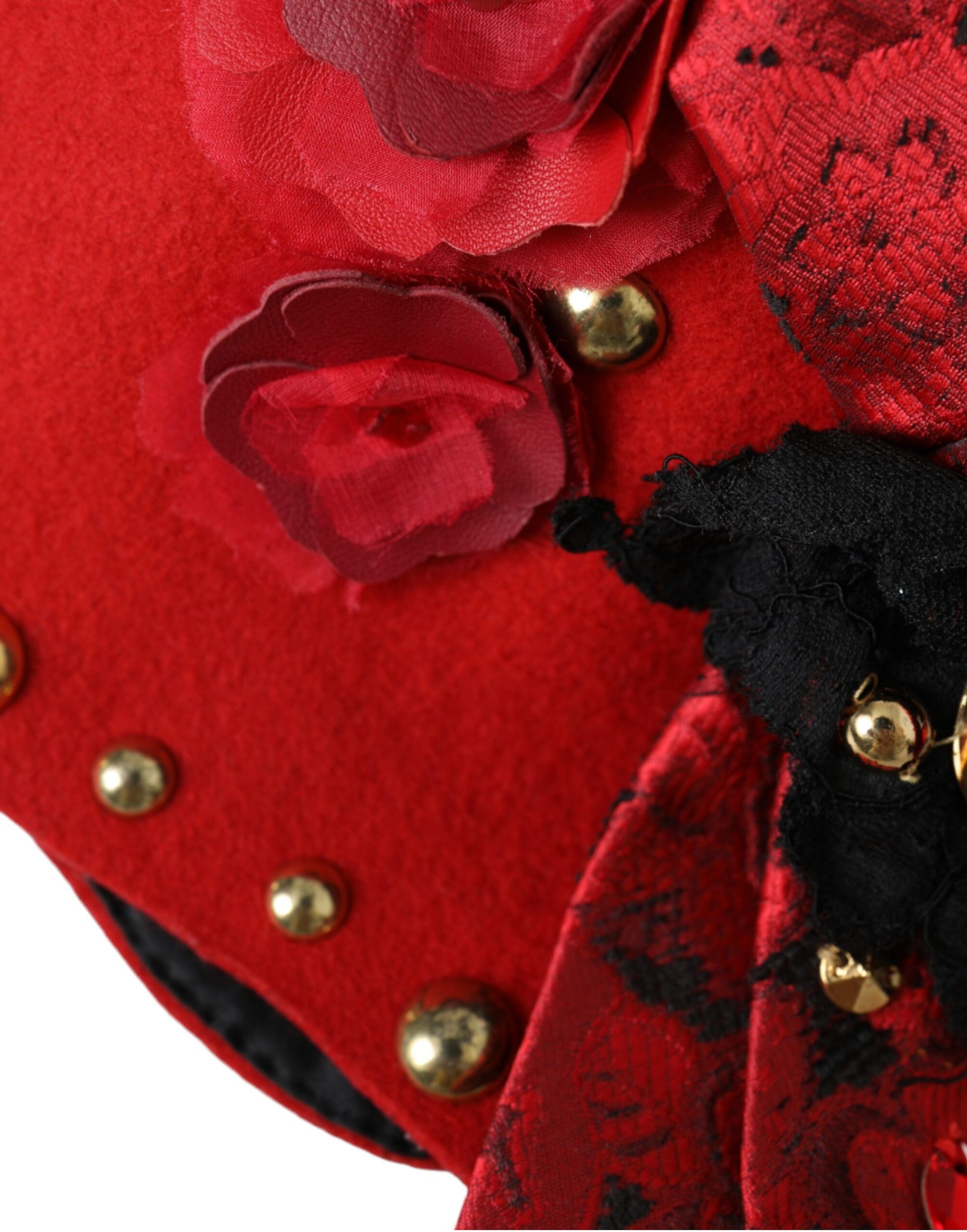 Dolce & Gabbana Red Crystal Gold Roses Brooch Embellished Hat - ClickThatClicks 