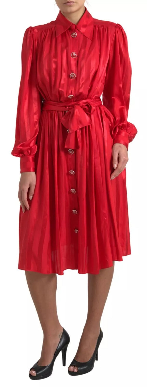 Dolce & Gabbana Red Button Down Belted Midi Satin Silk Dress - ClickThatClicks 