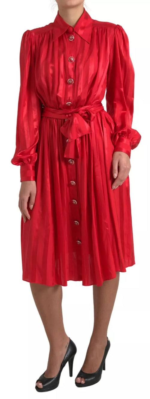 Dolce & Gabbana Red Button Down Belted Midi Satin Silk Dress - ClickThatClicks 