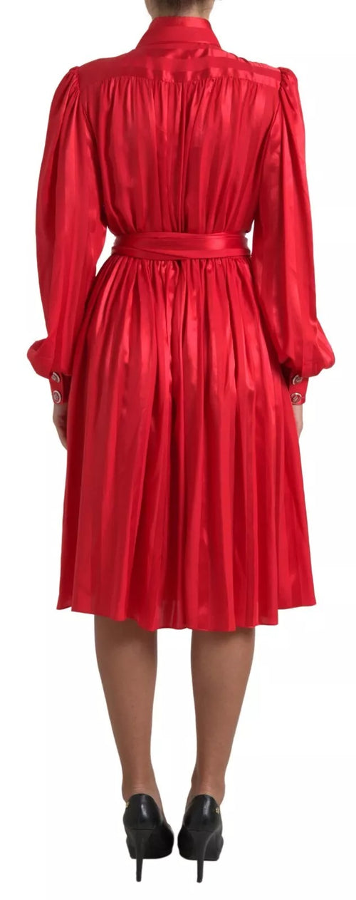 Dolce & Gabbana Red Button Down Belted Midi Satin Silk Dress - ClickThatClicks 
