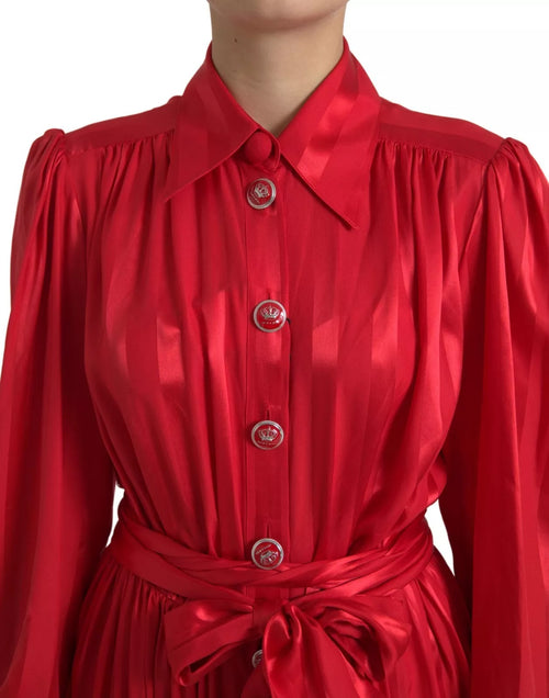 Dolce & Gabbana Red Button Down Belted Midi Satin Silk Dress - ClickThatClicks 