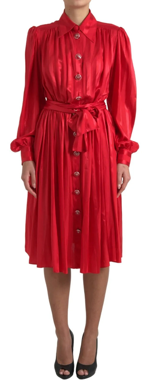 Dolce & Gabbana Red Button Down Belted Midi Satin Silk Dress - ClickThatClicks 
