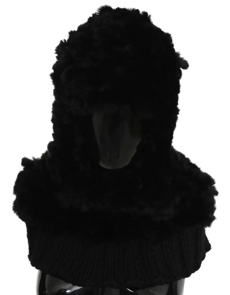 Dolce & Gabbana Black Silver Fox Fur Cashmere Hooded Scarf - ClickThatClicks 