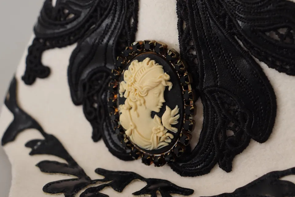 Dolce & Gabbana White Black Wool Embroidered Cameo Brooch Hat - ClickThatClicks 