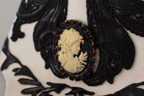 Dolce & Gabbana White Black Wool Embroidered Cameo Brooch Hat - ClickThatClicks 