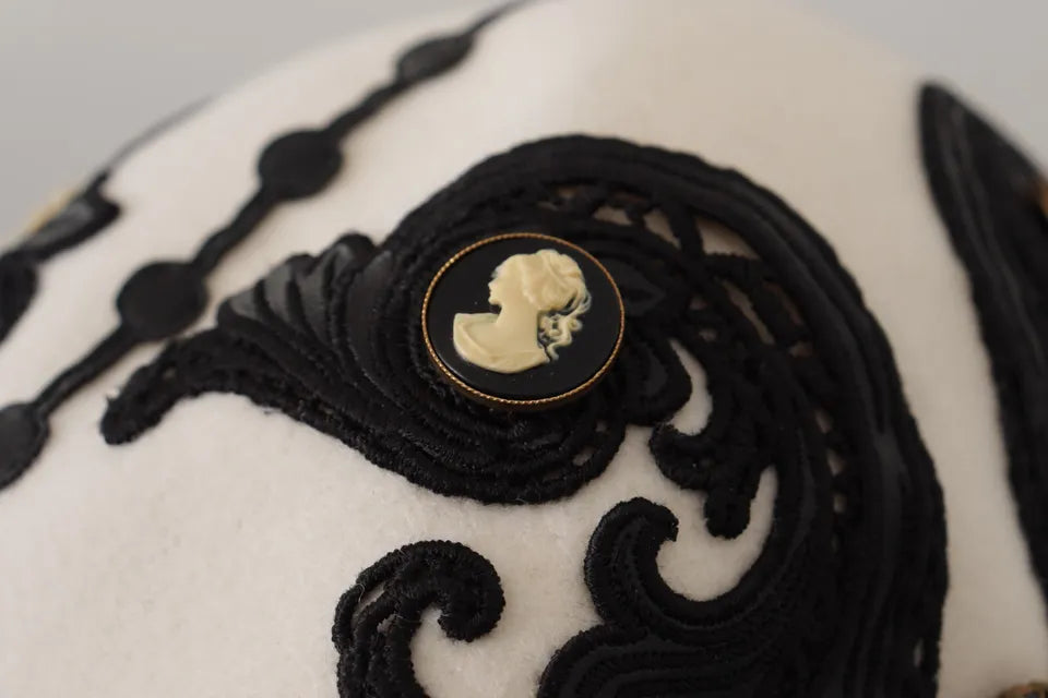 Dolce & Gabbana White Black Wool Embroidered Cameo Brooch Hat - ClickThatClicks 