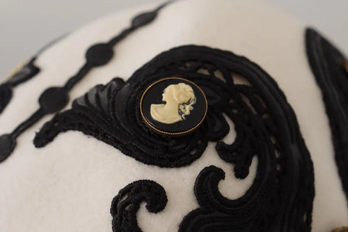 Dolce & Gabbana White Black Wool Embroidered Cameo Brooch Hat - ClickThatClicks 