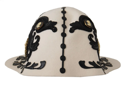 Dolce & Gabbana White Black Wool Embroidered Cameo Brooch Hat - ClickThatClicks 