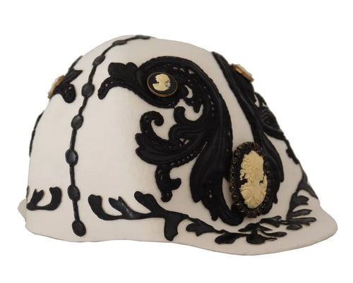 Dolce & Gabbana White Black Wool Embroidered Cameo Brooch Hat - ClickThatClicks 