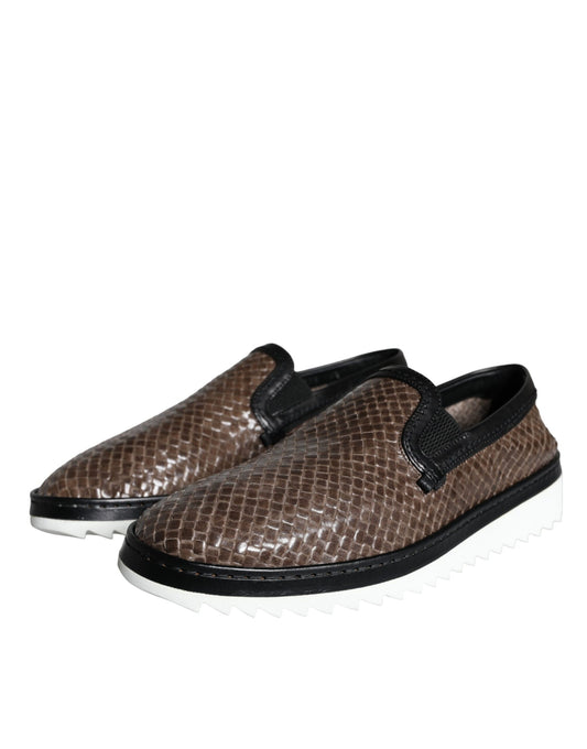 Dolce & Gabbana Brown Black Leather Weaved Men Loafers Shoes - ClickThatClicks 