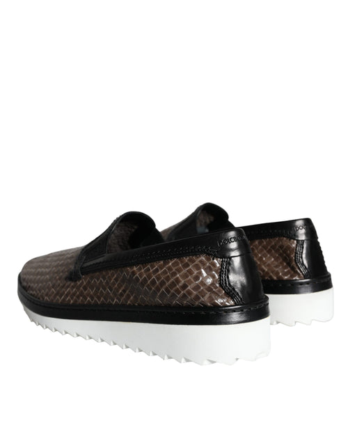 Dolce & Gabbana Brown Black Leather Weaved Men Loafers Shoes - ClickThatClicks 