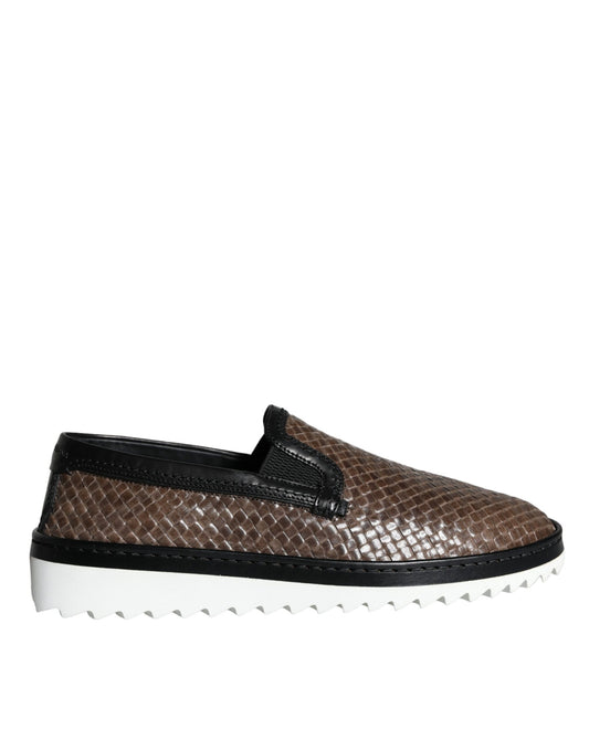 Dolce & Gabbana Brown Black Leather Weaved Men Loafers Shoes - ClickThatClicks 