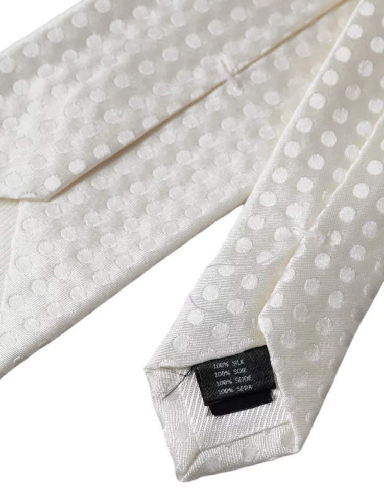 Dolce & Gabbana White Dotted Silk Classic Adjustable Men Tie - ClickThatClicks 